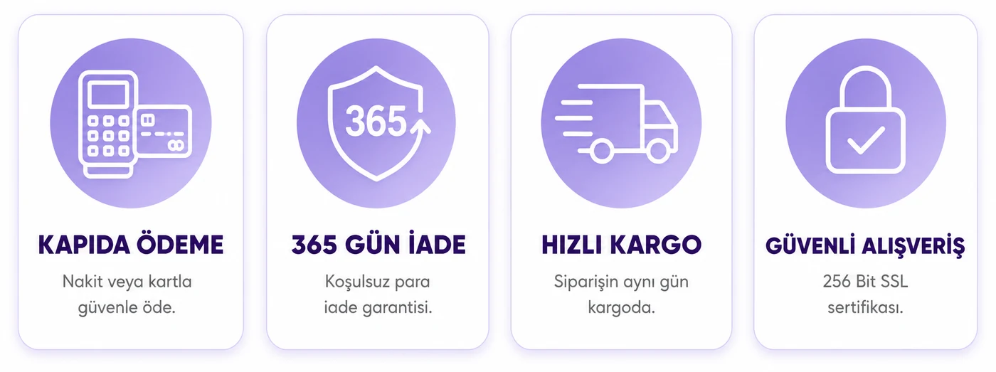 Kapıda ödeme, 365 gün iade, hızlı kargo ve güvenli alışveriş garantisi